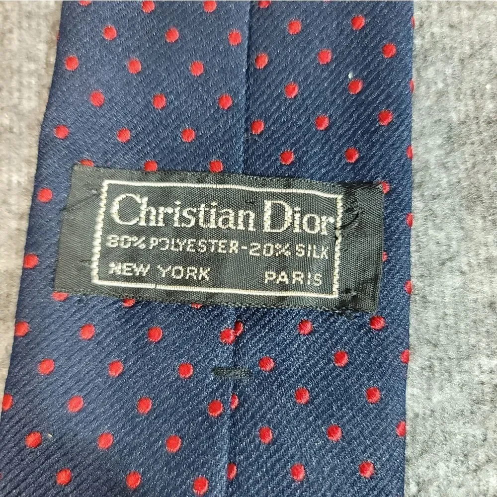 Vtg 70's Christian Dior Neck Tie Navy Blue Red Dotted Silk Blend Tie 54" x 4" - Picture 6 of 8